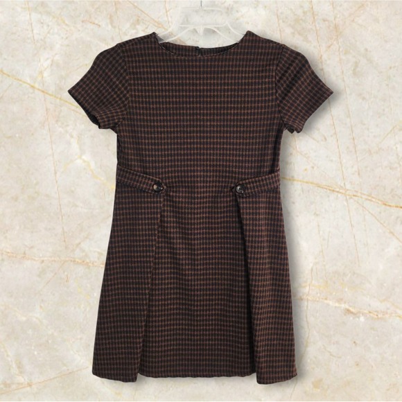 Zara Girls Brown Blue Plaid Pleated Shift Dress Size 13/14 - Picture 1 of 3
